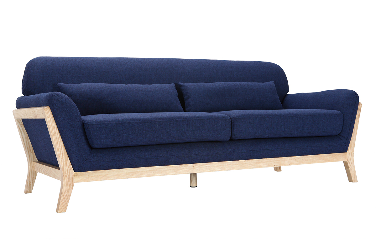 Canap scandinave 3 places en tissu bleu fonc et bois clair YOKO