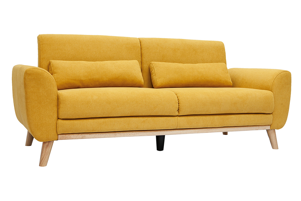 Canap scandinave 3 places en tissu effet velours jaune moutarde et bois clair EKTOR