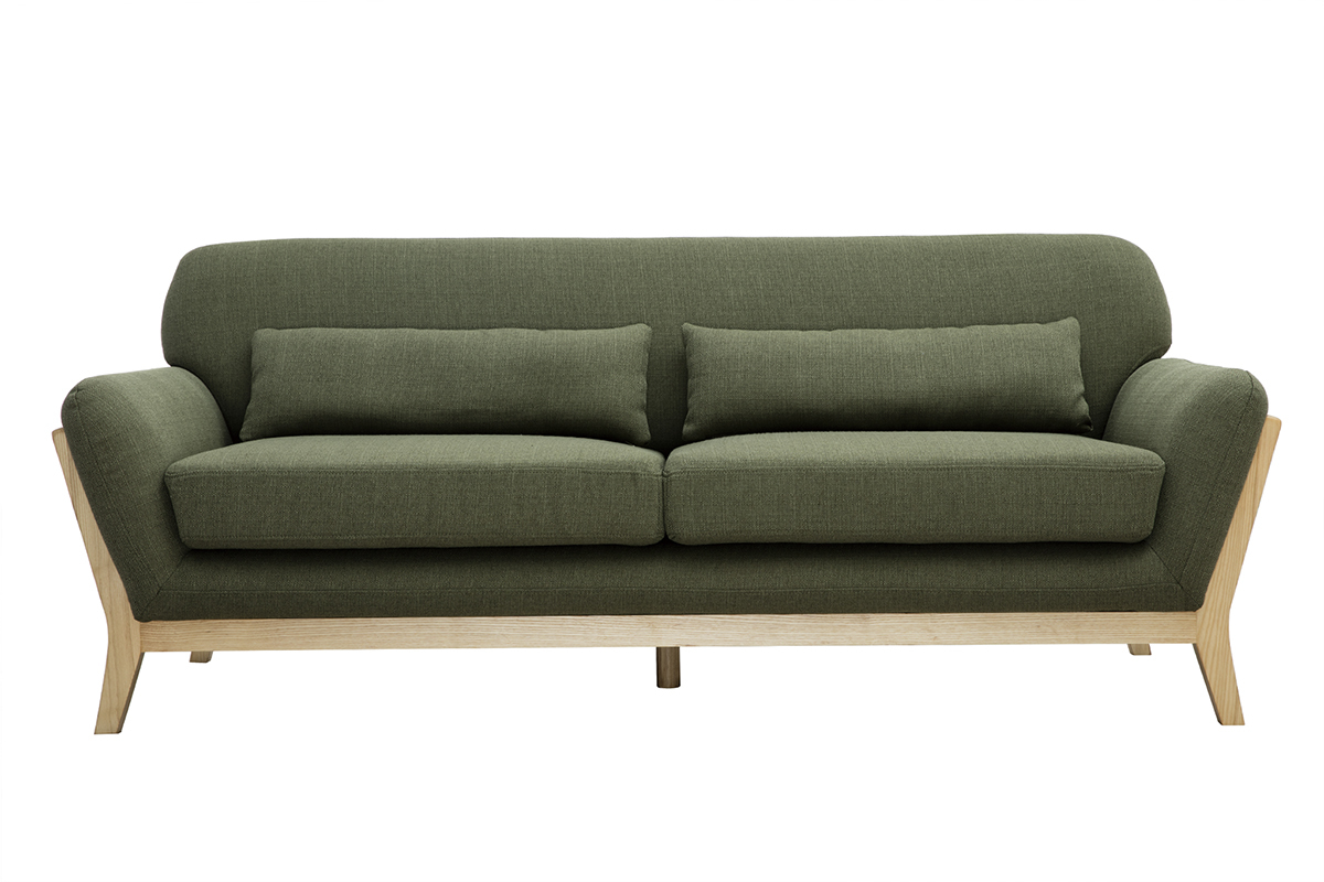 Canap scandinave 3 places en tissu vert kaki et bois clair YOKO