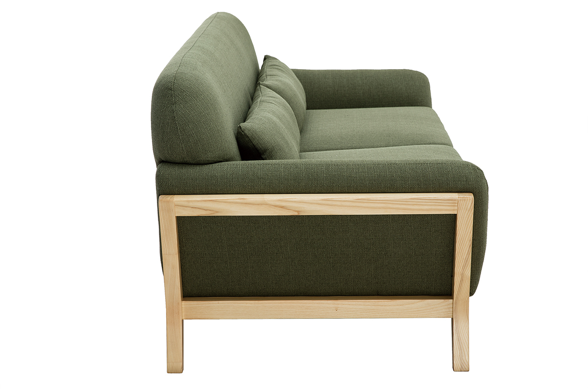 Canap scandinave 3 places en tissu vert kaki et bois clair YOKO