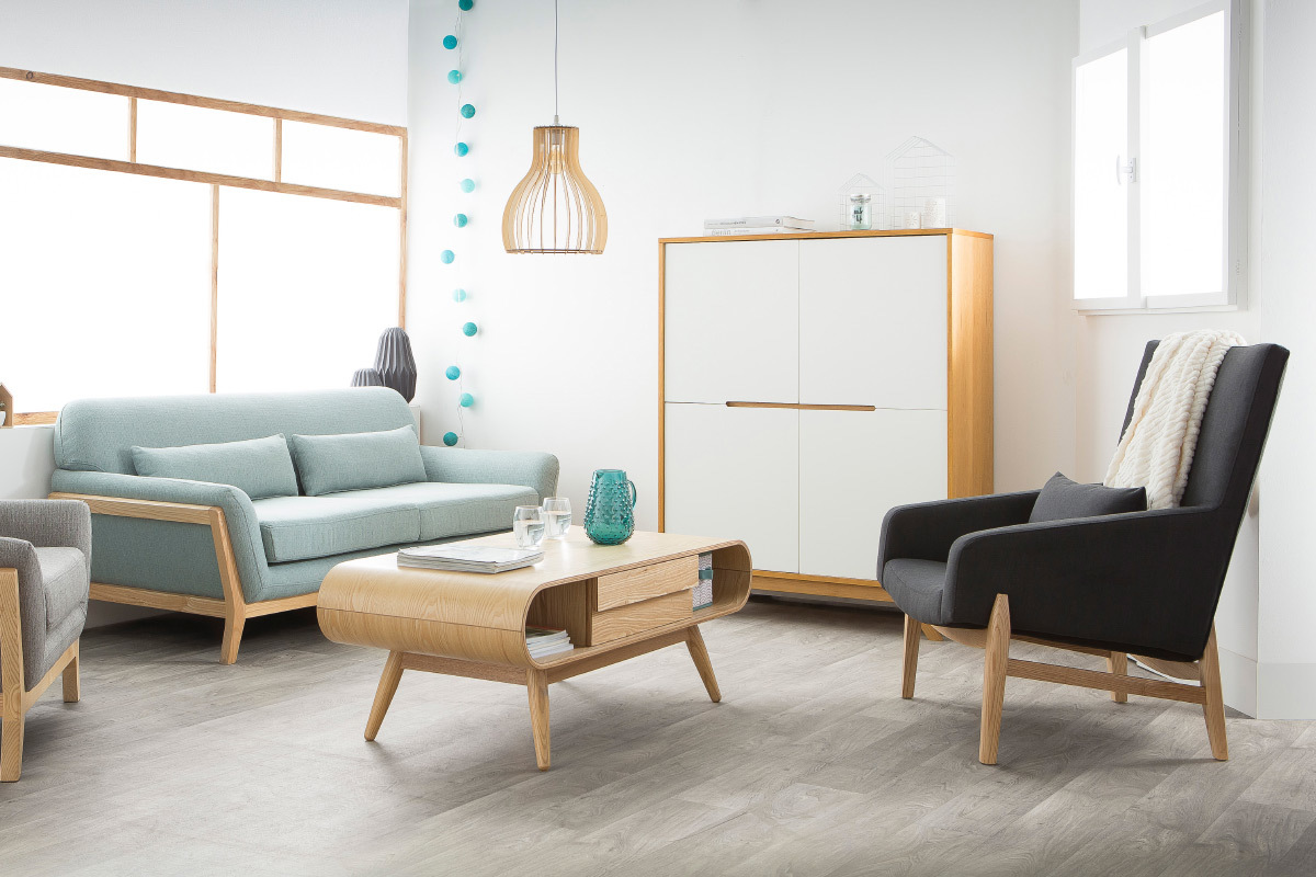 Canap scandinave 3 places en tissu vert lagon et bois clair YOKO