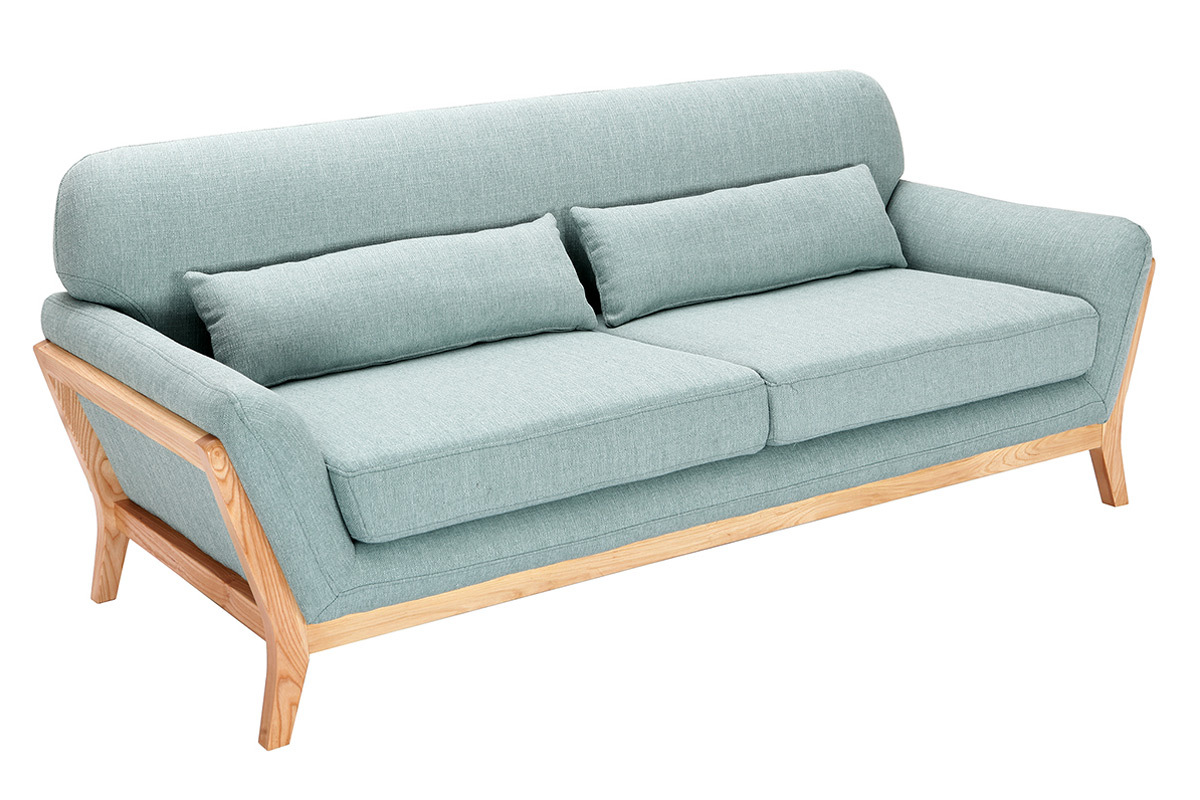 Canap scandinave 3 places en tissu vert lagon et bois clair YOKO