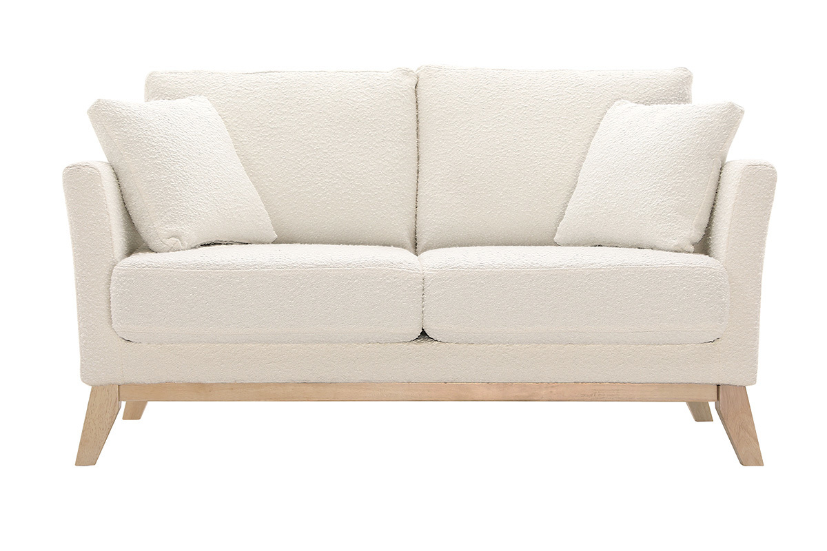 Canap scandinave dhoussable 2 places en tissu effet laine boucle blanc cass et bois clair OSLO