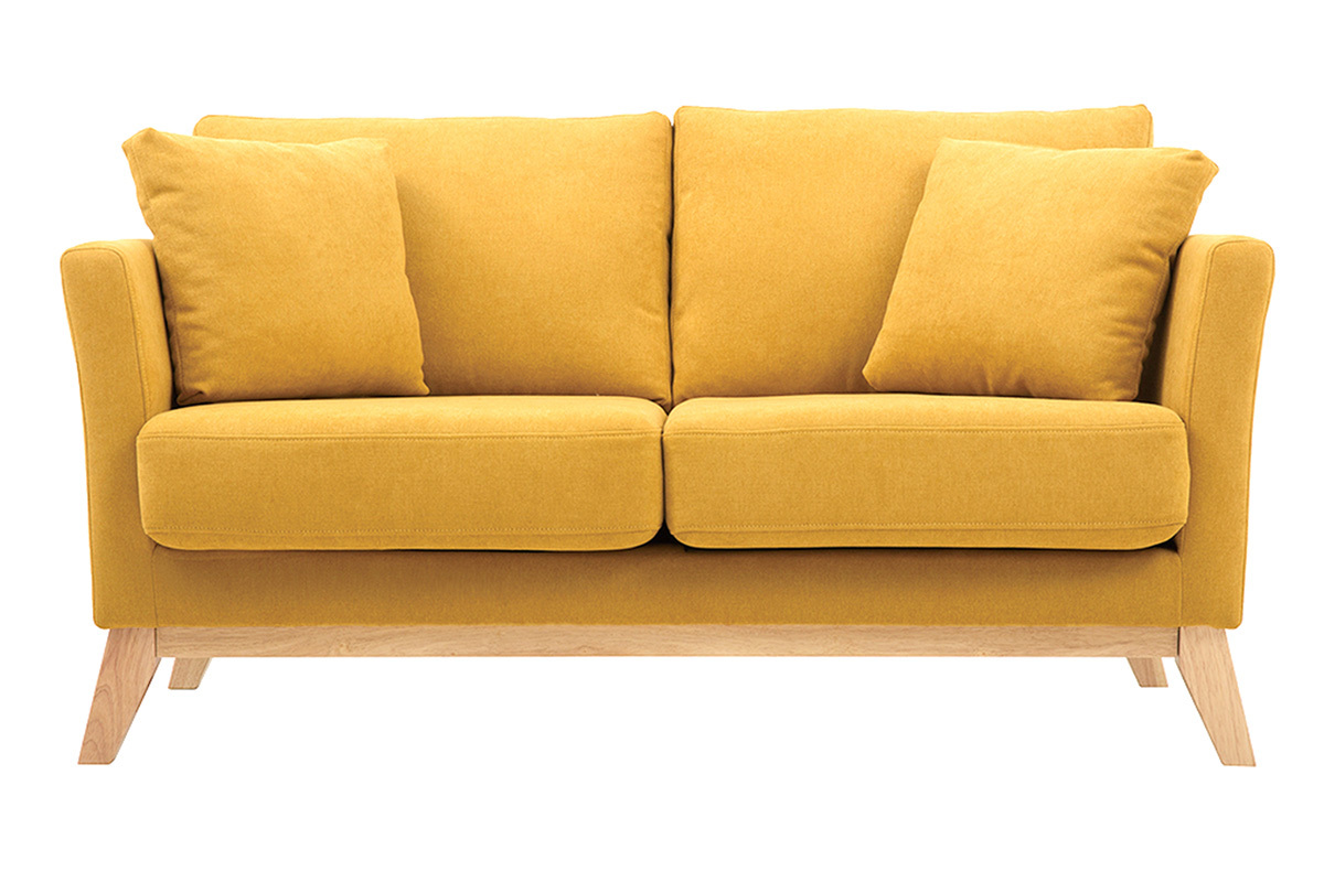 Canap scandinave dhoussable 2 places en tissu effet velours jaune moutarde et bois clair OSLO