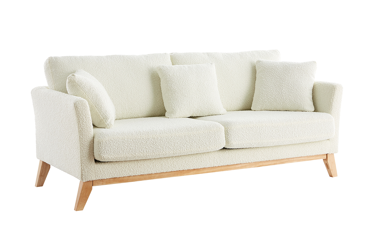 Canap scandinave dhoussable 3 places en tissu effet laine boucle blanc cass et bois clair OSLO