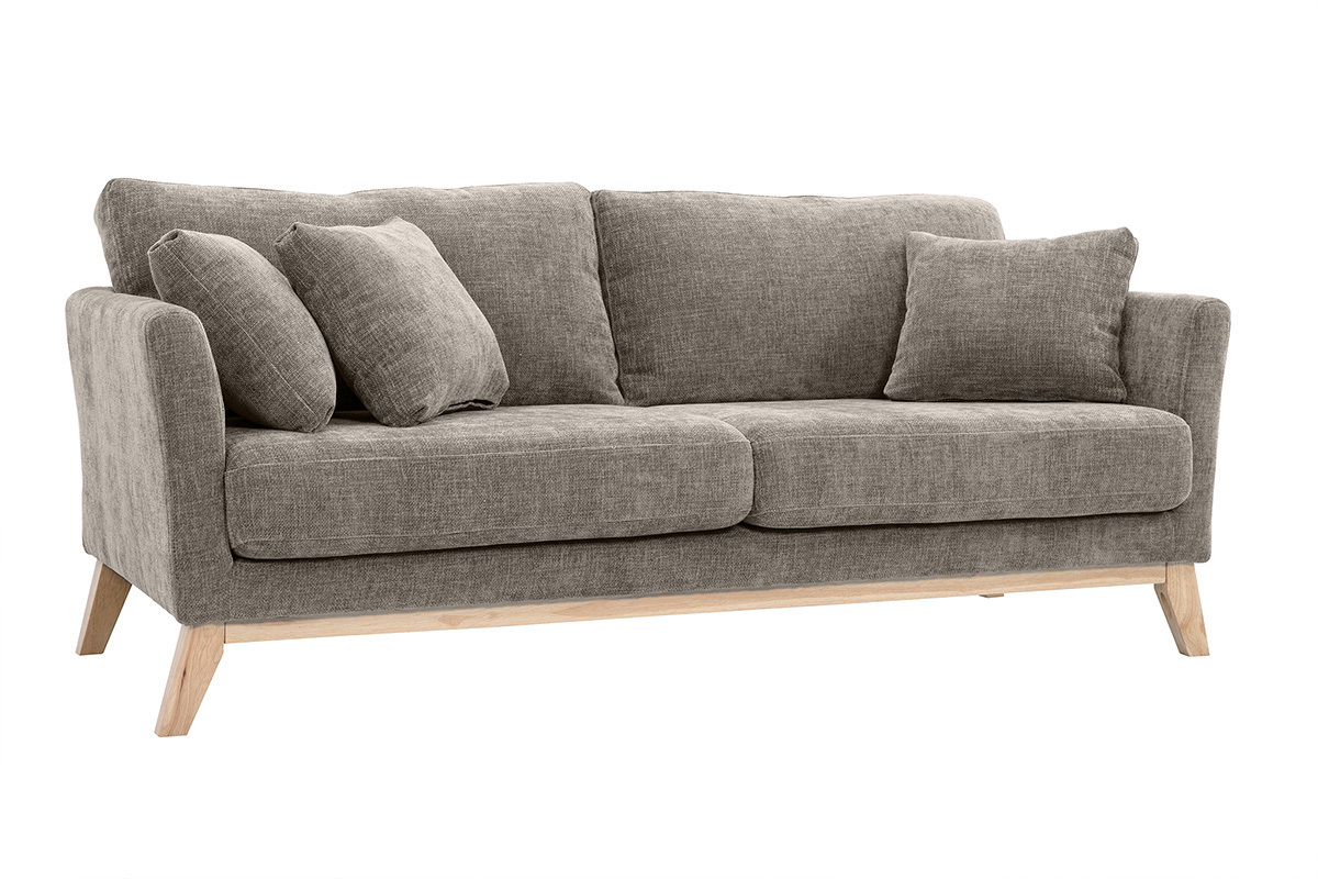 Canap scandinave dhoussable 3 places en tissu effet velours textur taupe et bois clair OSLO