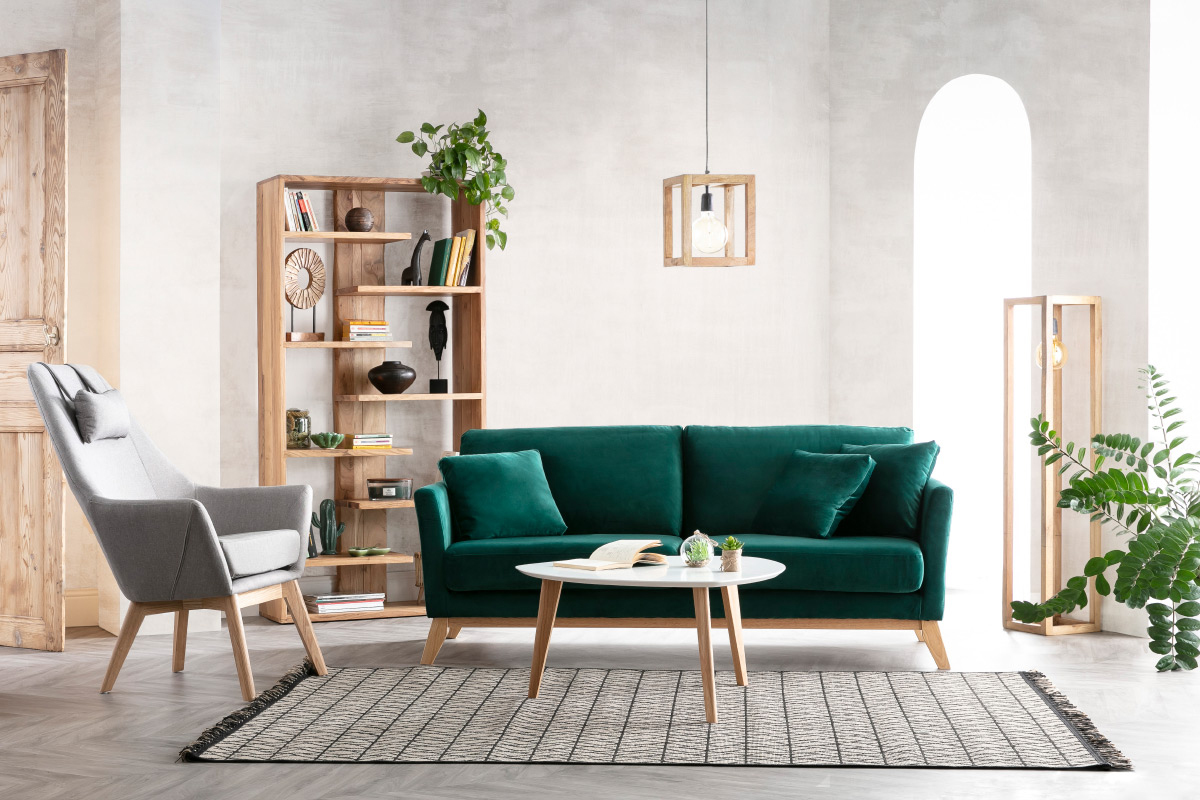 Canap scandinave dhoussable 3 places en tissu velours vert meraude et bois clair OSLO