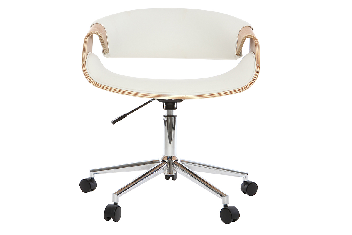 Chaise de bureau  roulettes design blanc, bois clair et acier chrom ARAMIS