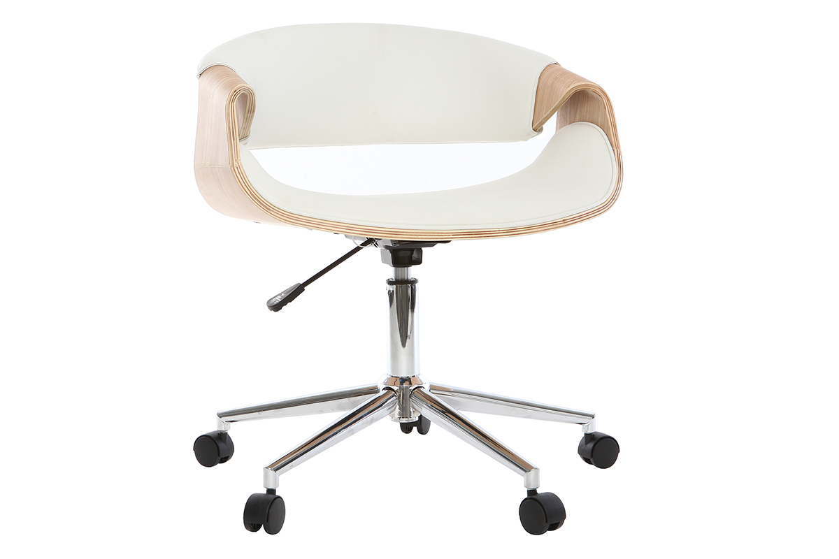 Chaise de bureau  roulettes design blanc, bois clair et acier chrom ARAMIS