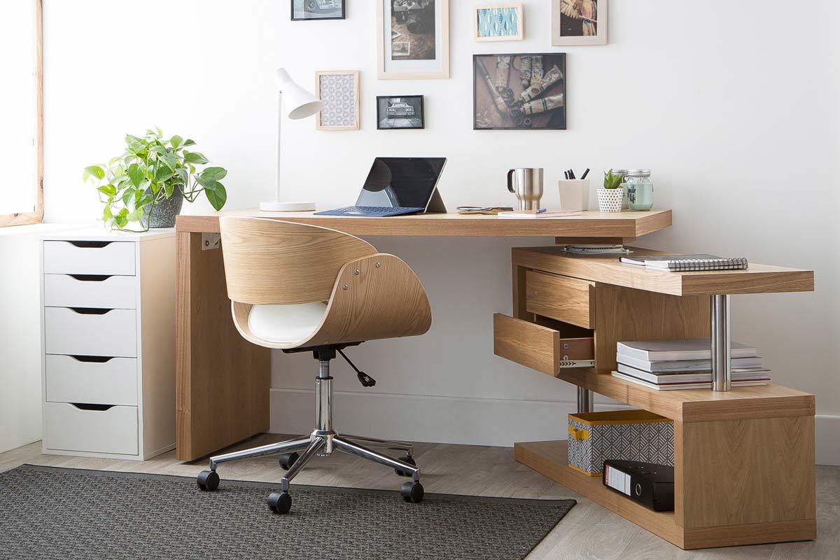 Chaise de bureau  roulettes design blanc, bois clair et acier chrom BENT