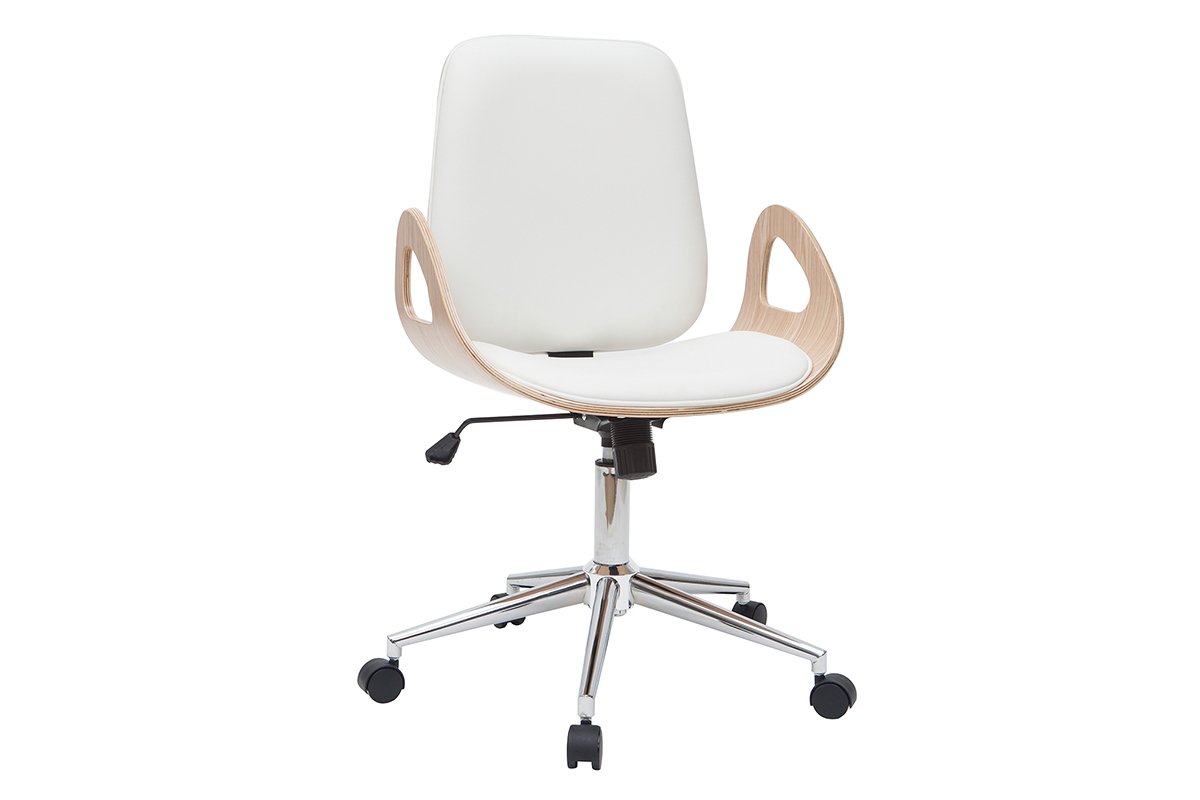 Chaise de bureau  roulettes design blanc, bois clair et acier chrom GLORY