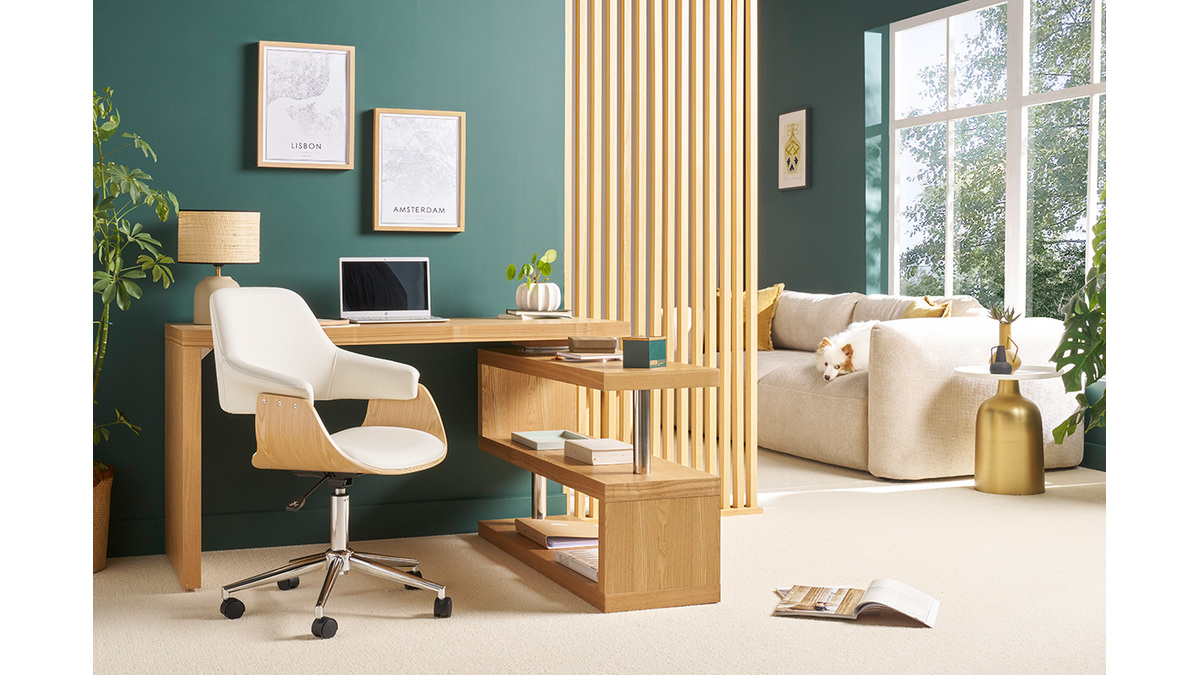 Chaise de bureau  roulettes design blanc, bois clair et acier chrom HANSEN