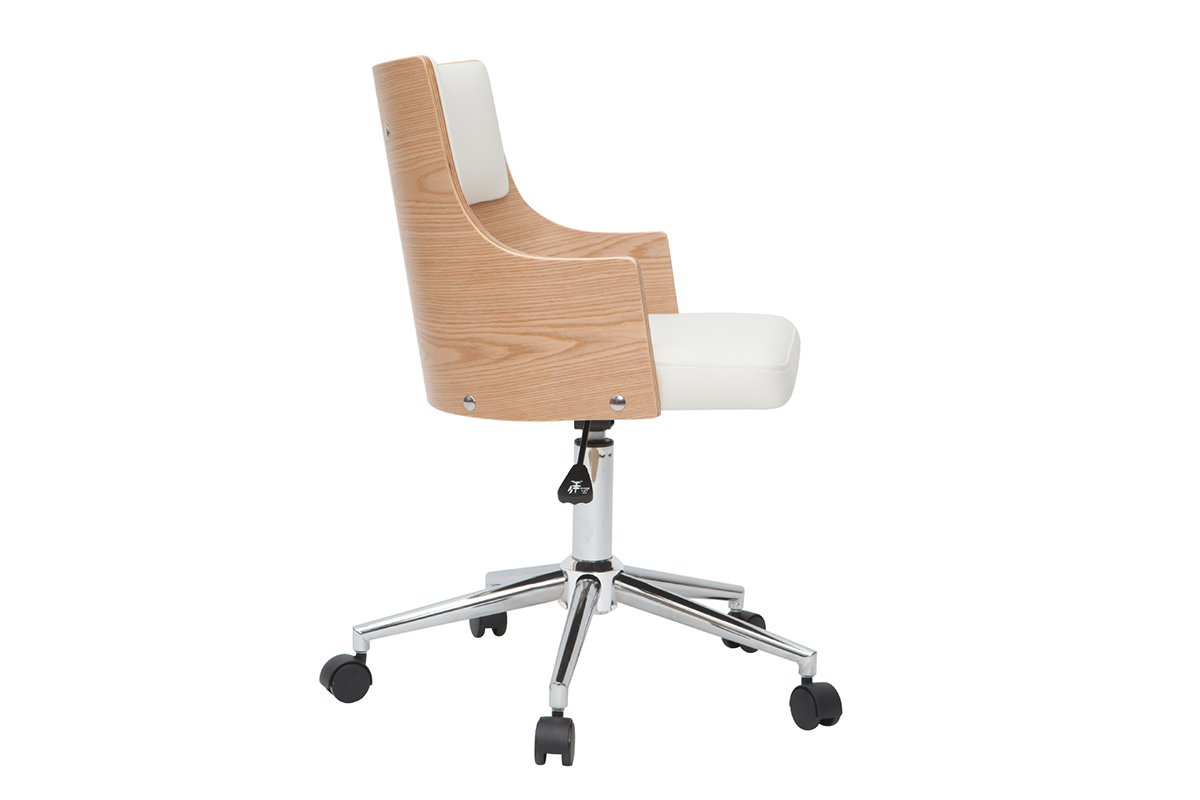 Chaise de bureau  roulettes design blanc, bois clair et acier chrom MAYOL