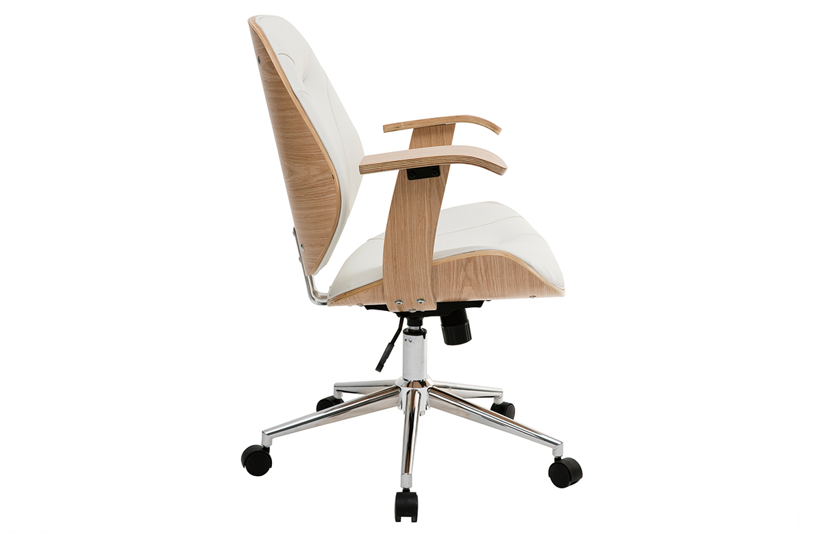 Chaise de bureau  roulettes design blanc, bois clair et acier chrom YORKE