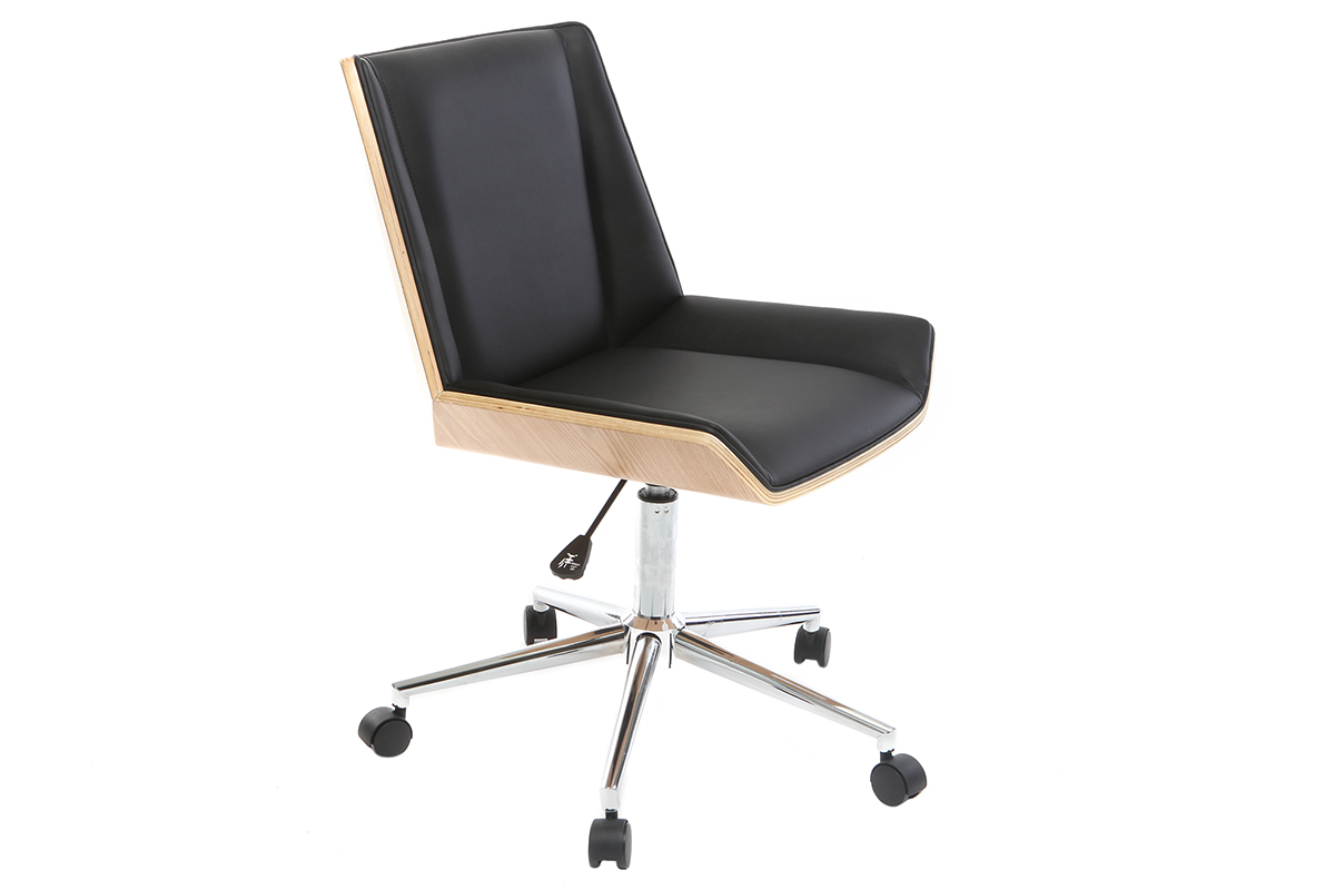 Chaise de bureau  roulettes design noir, bois clair et acier chrom MELKIOR