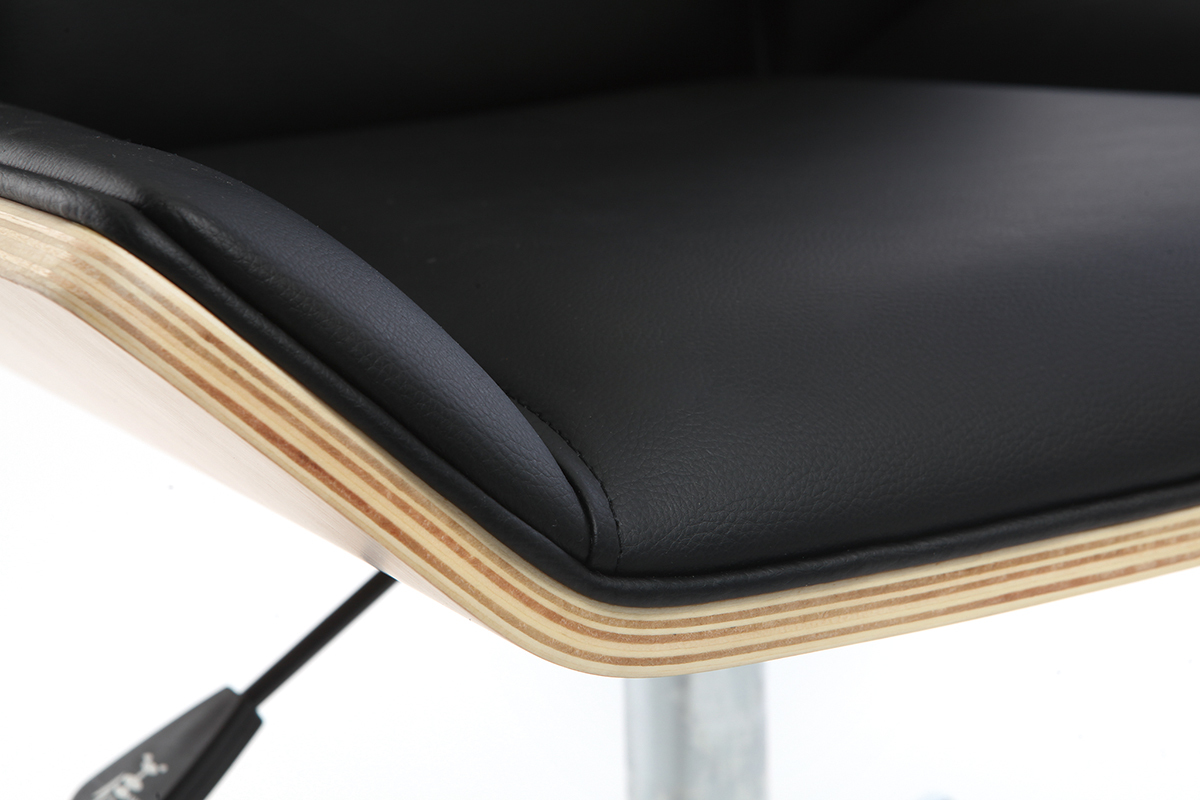 Chaise de bureau  roulettes design noir, bois clair et acier chrom MELKIOR