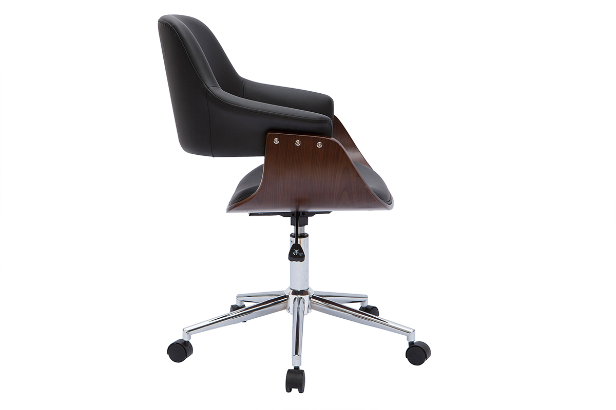 Chaise de bureau  roulettes design noir, bois fonc noyer et acier chrom HANSEN