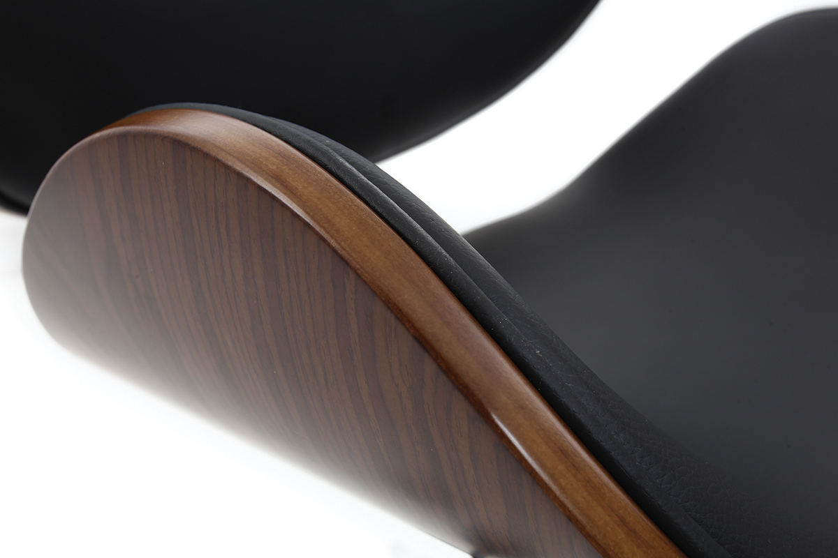 Chaise de bureau  roulettes design noir, bois fonc noyer et acier chrom WALNUT