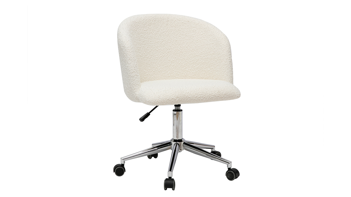 Chaise de bureau  roulettes en tissu effet laine boucle blanc cass et acier chrom VANITY