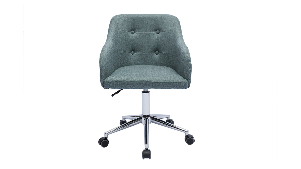 Chaise de bureau capitonne  roulettes en tissu effet velours textur vert de gris et mtal chrom BALTIK