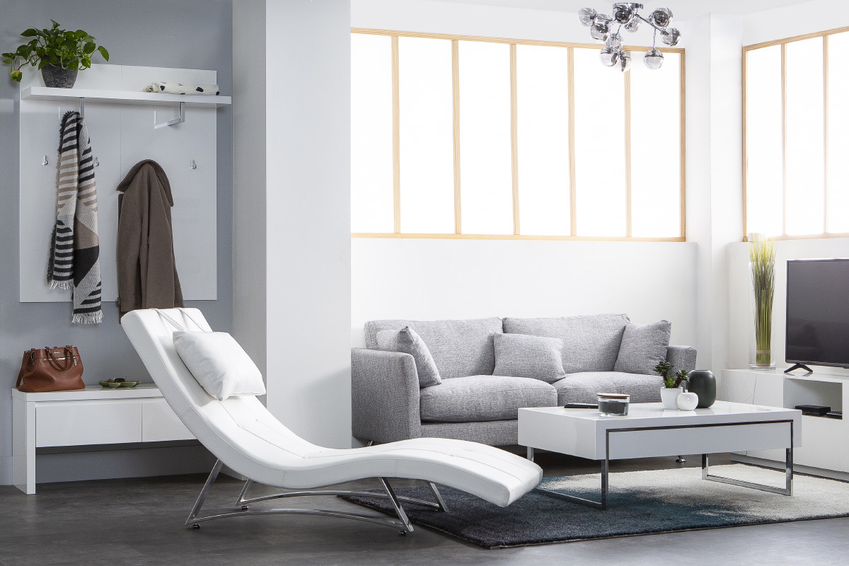 Chaise longue design blanc et acier chrom BARTY