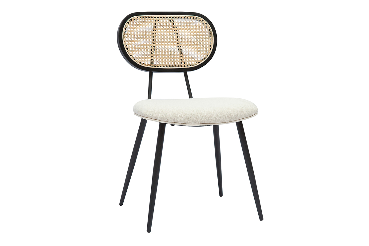 Chaises design en tissu effet laine boucle blanc cass, mtal noir et cannage rotin naturel (lot de 2) TOLMA