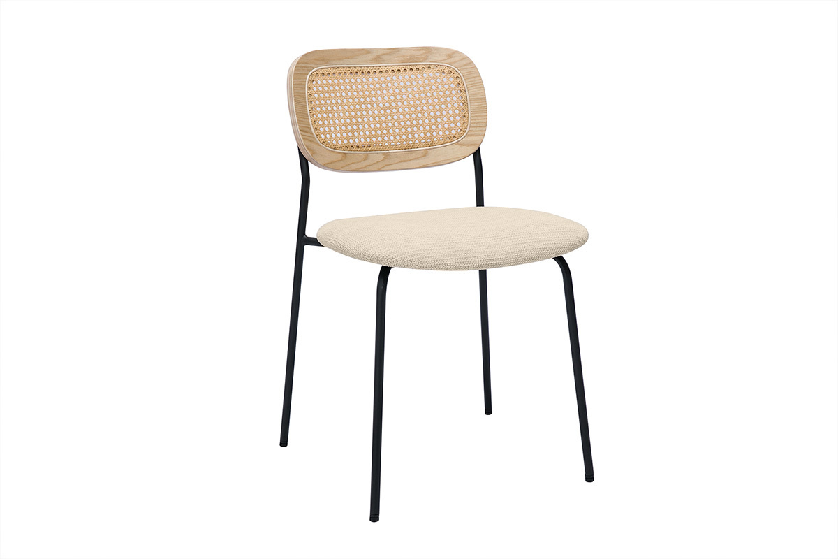 Chaises design en tissu effet velours textur beige, mtal noir et cannage rotin (lot de 2) MIRANDA