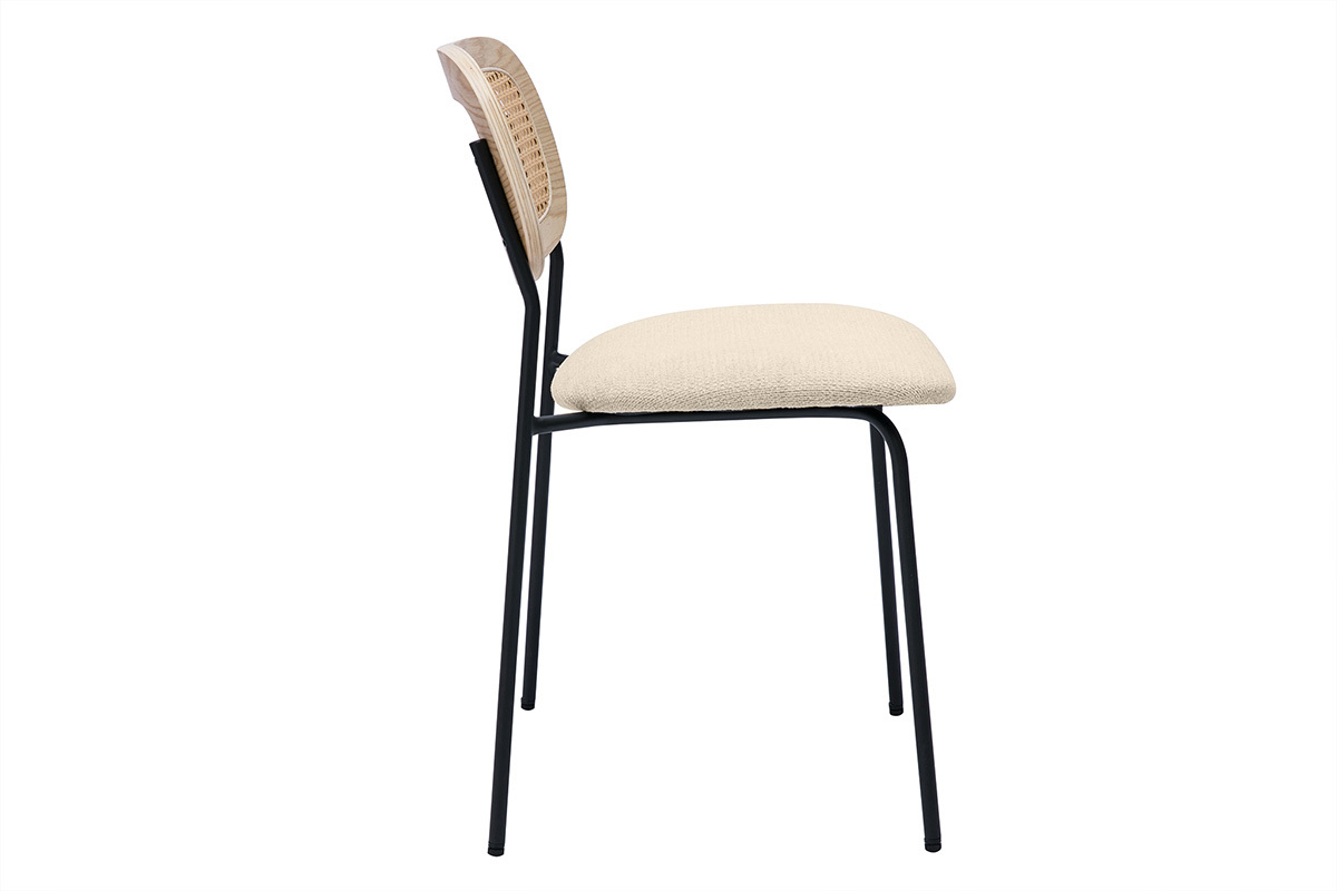 Chaises design en tissu effet velours textur beige, mtal noir et cannage rotin (lot de 2) MIRANDA