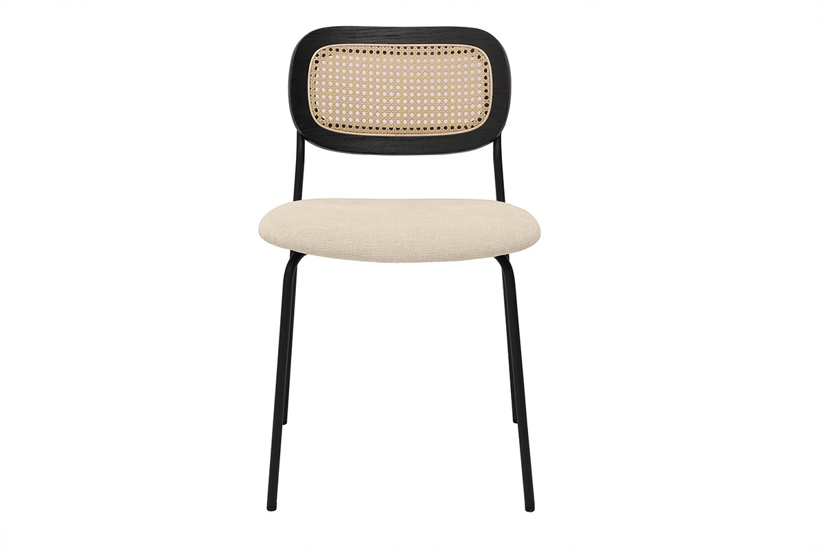 Chaises design en tissu effet velours textur beige, mtal noir et cannage rotin (lot de 2) MIRANDA