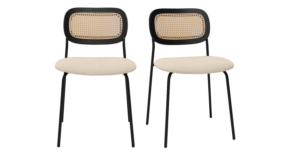 Chaises design en tissu effet velours textur beige, mtal noir et cannage rotin (lot de 2) MIRANDA