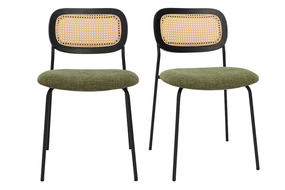 Chaises design en tissu effet velours textur vert kaki, mtal noir et cannage rotin (lot de 2) MIRANDA