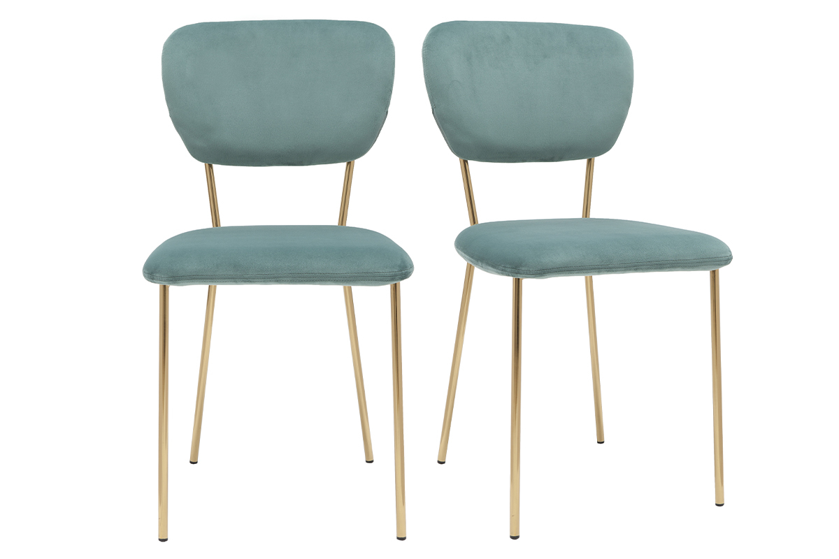 Chaises design en tissu velours gaufr vert cladon et mtal dor (lot de 2) LEPIDUS