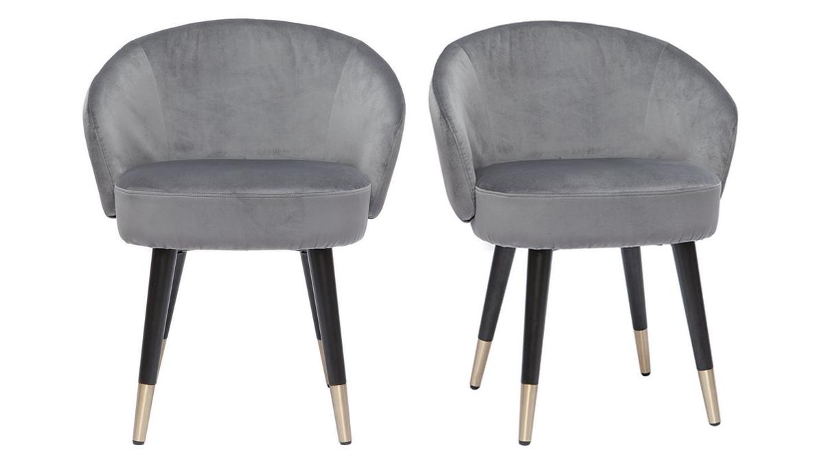 Chaises design en tissu velours gris, bois noir et mtal dor (lot de 2) BRIZO