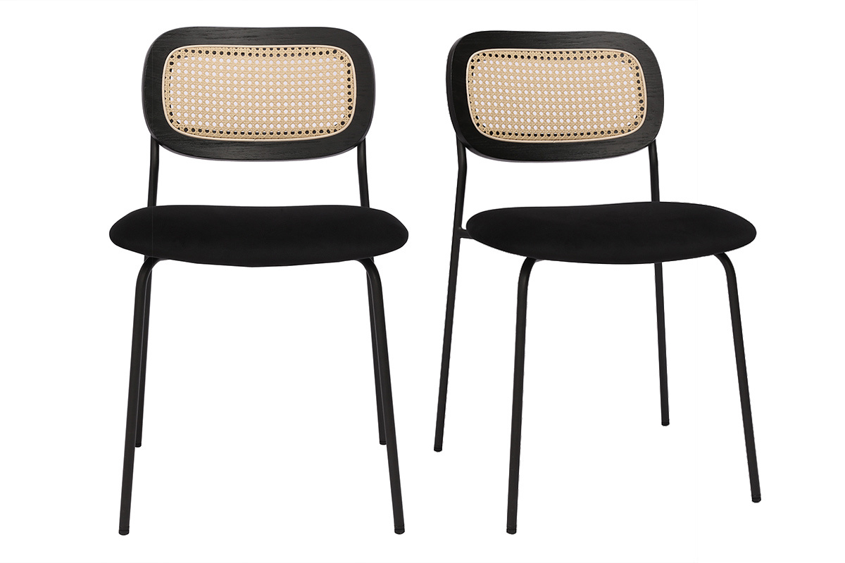 Chaises design en velours noir, mtal noir et cannage rotin (lot de 2) MIRANDA