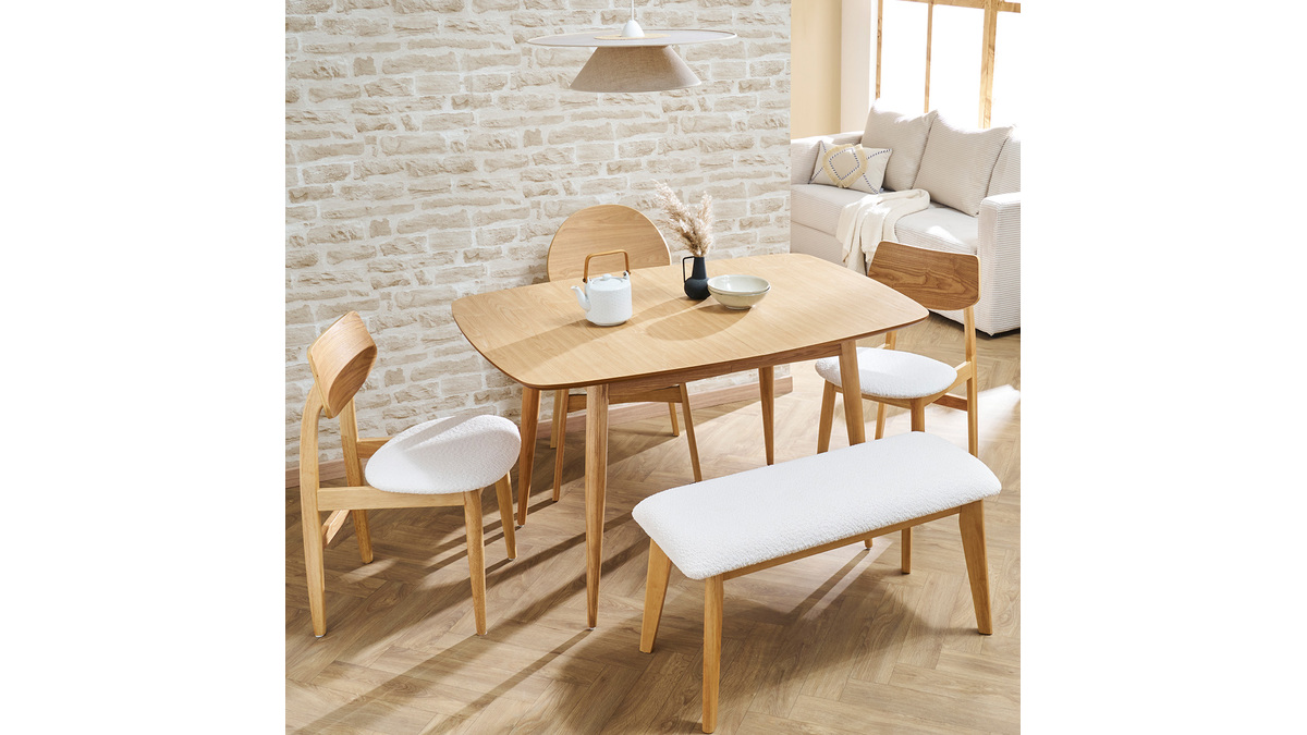 Chaises scandinaves en bois clair et tissu effet laine boucle blanc (lot de 2) ELION