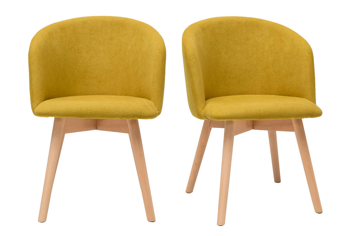 Chaises scandinaves en tissu effet velours jaune moutarde et bois clair massif (lot de 2) VANITY