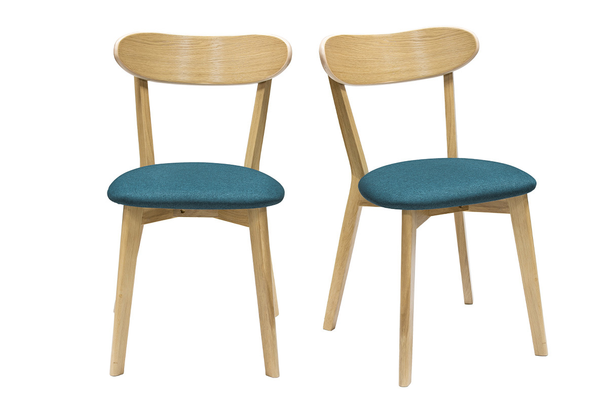 Chaises vintage en bois clair chne et tissu bleu paon (lot de 2) DOVE