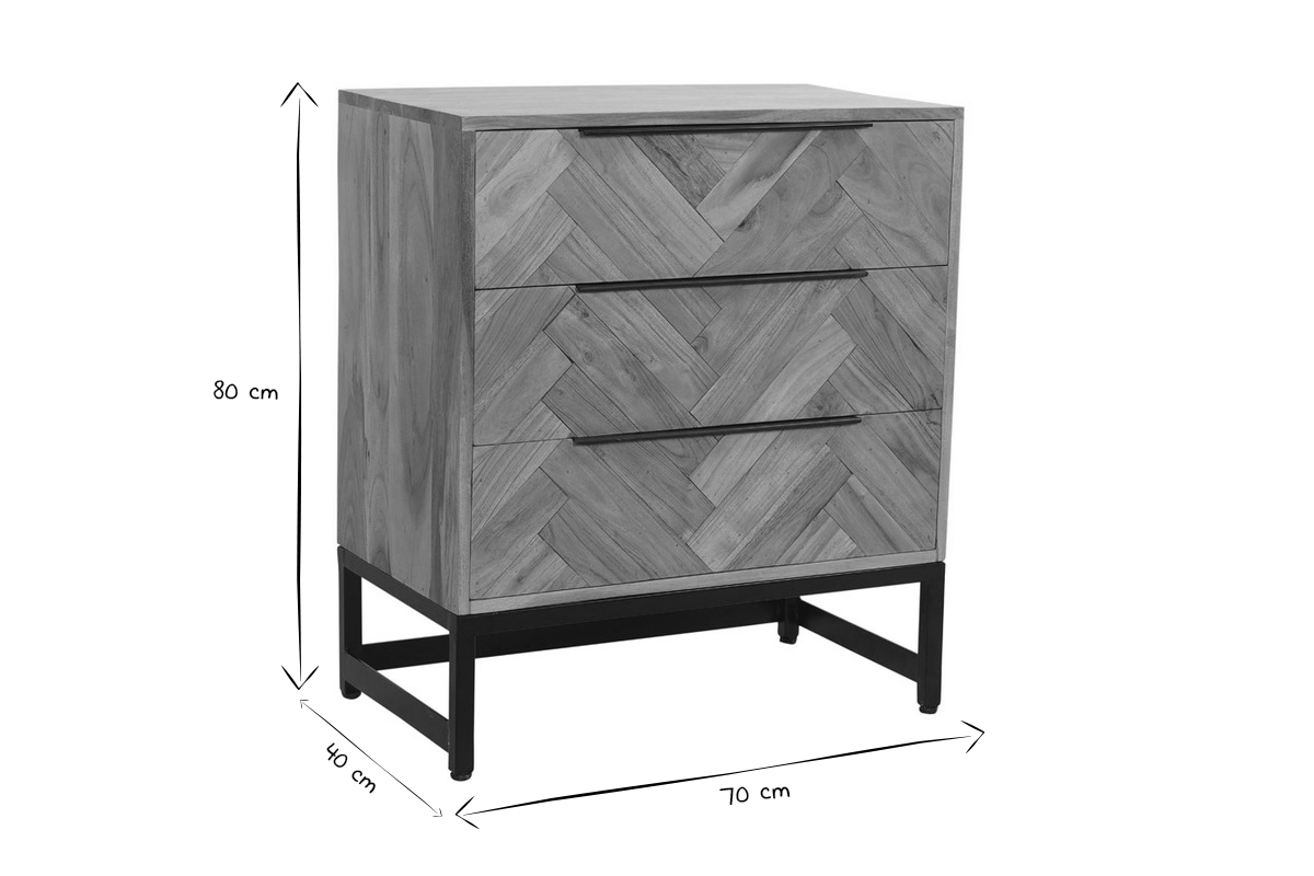 Commode  motifs chevrons en bois massif et mtal noir 3 tiroirs L70 cm STICK