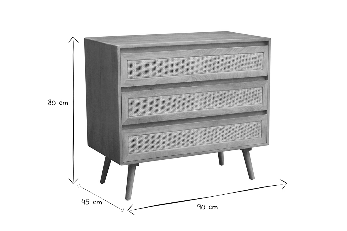 Commode en bois manguier massif et cannage rotin 3 tiroirs L90 cm ACANGE