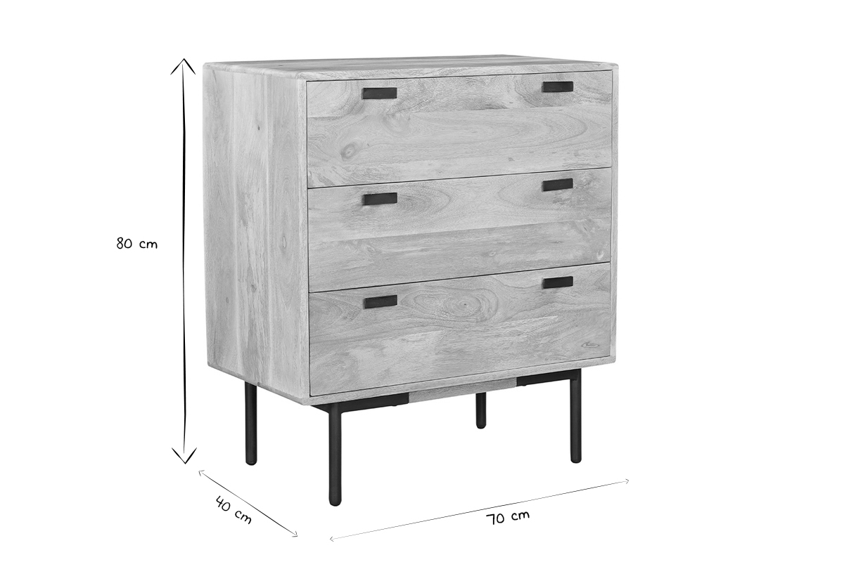 Commode en bois manguier massif et mtal noir 3 tiroirs L70 cm JUDE