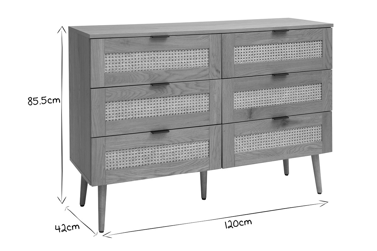 Commode finition bois clair, cannage en rotin et mtal noir 3 tiroirs L120 cm MANILLE