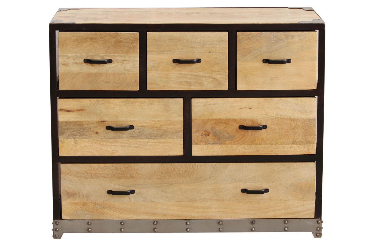 Commode industrielle en bois manguier massif et mtal noir 6 tiroirs L99 cm INDUSTRIA