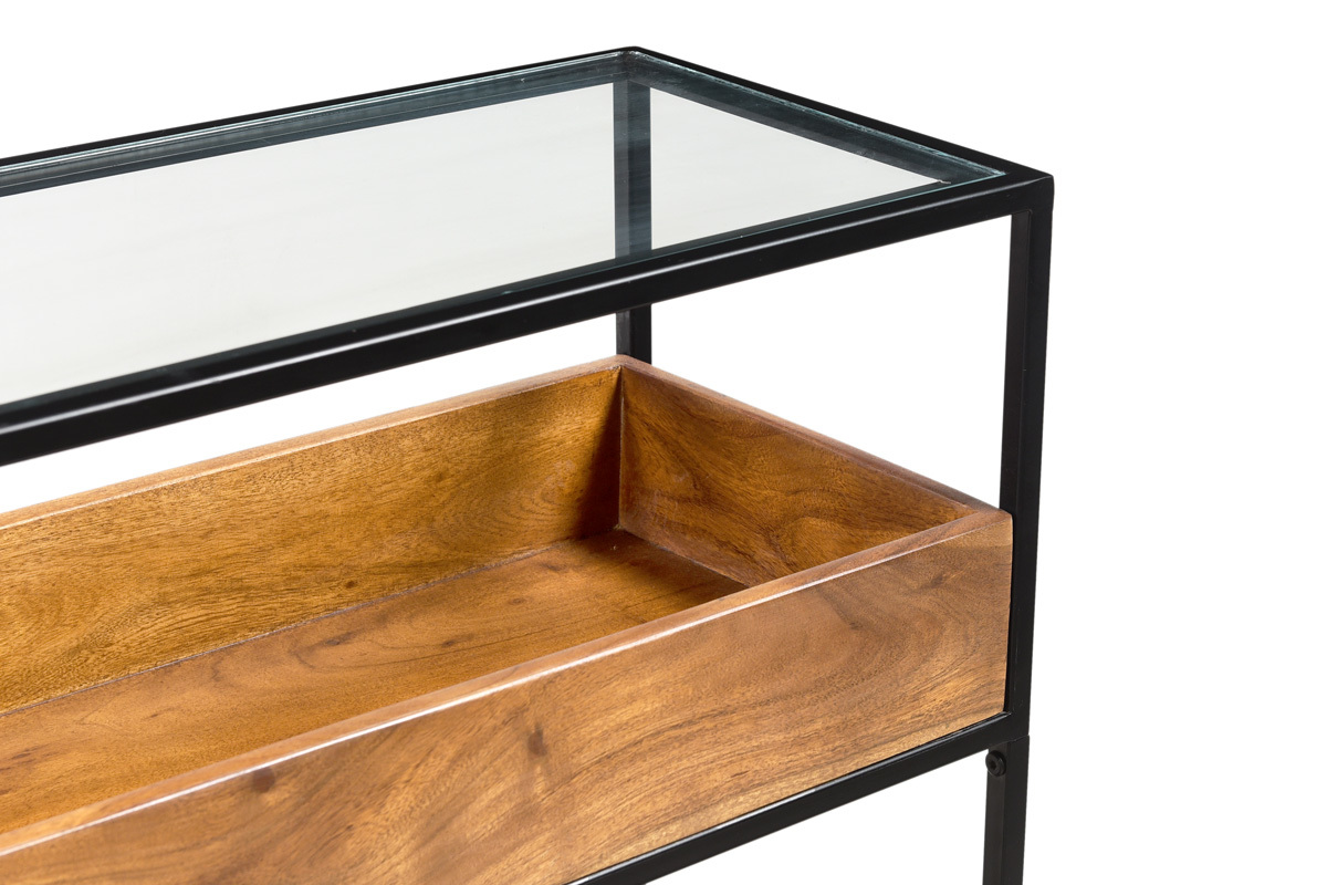 Console avec plateau en verre, rangement en bois massif et mtal noir L100 cm HAORA