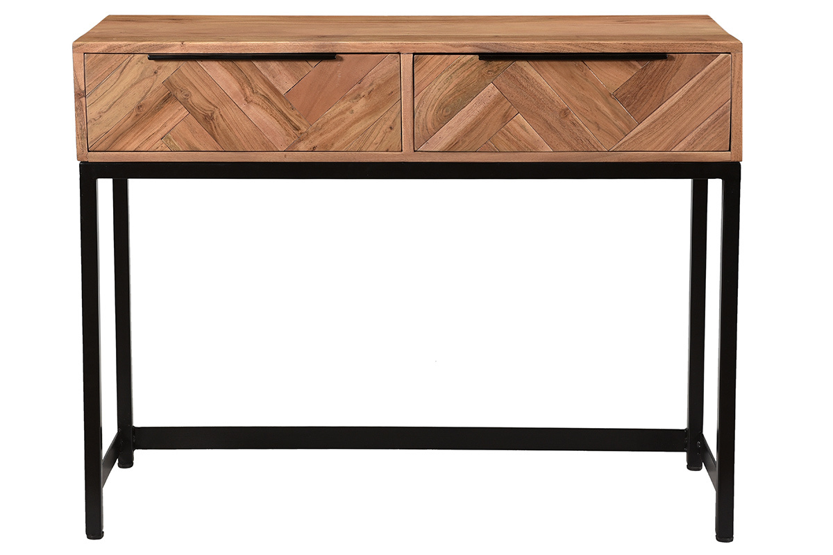 Console avec rangement 2 tiroirs  motifs chevrons en bois massif et mtal noir L100 cm STICK