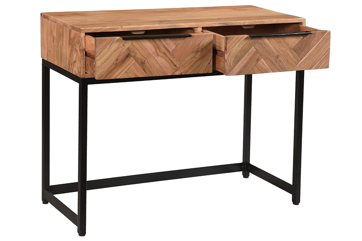 Console avec rangement 2 tiroirs  motifs chevrons en bois massif et mtal noir L100 cm STICK