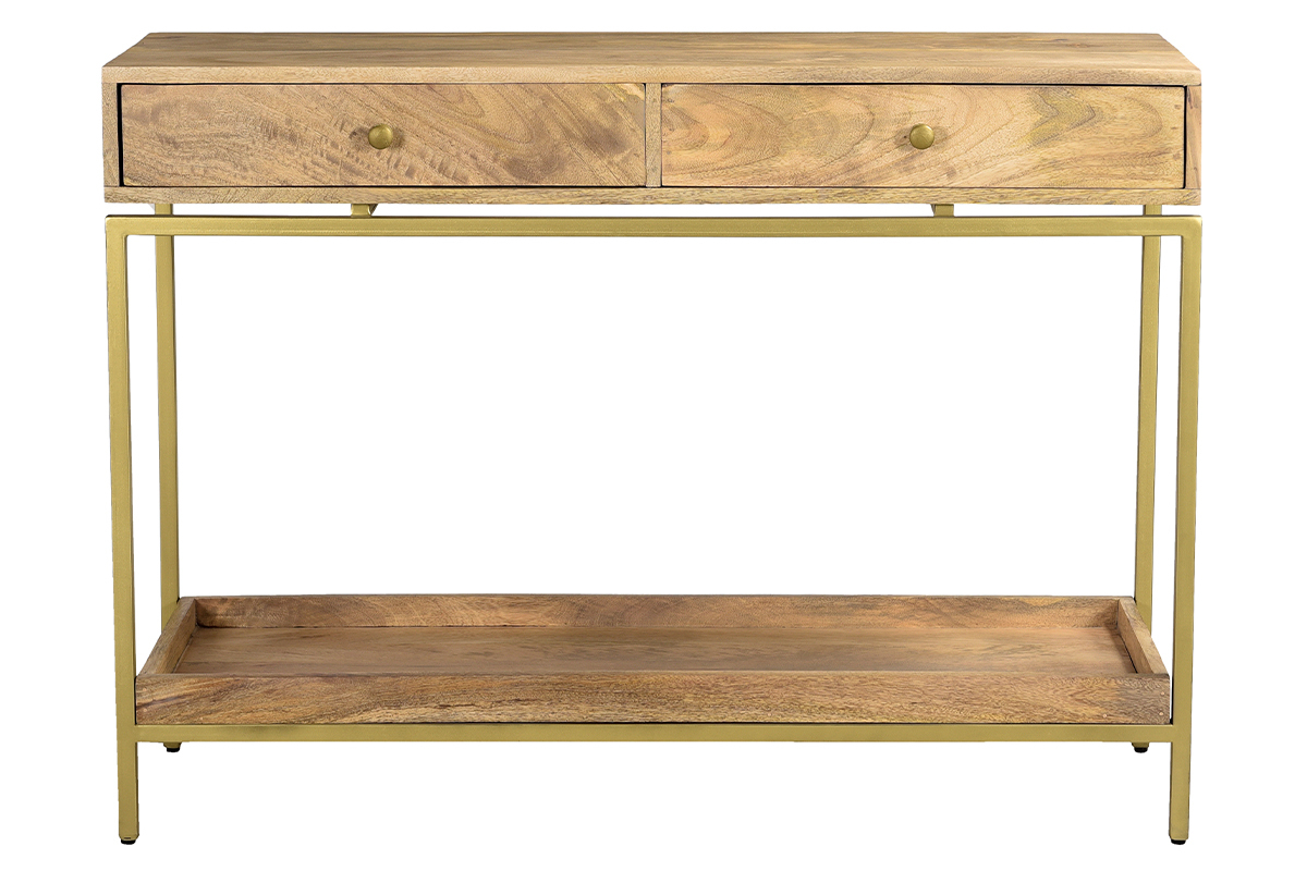 Console avec rangements 2 tiroirs bois manguier massif et mtal dor  L110 cm OCTAVIE