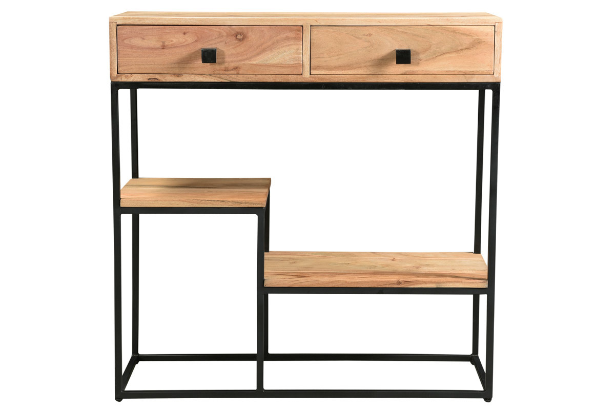 Console avec rangements 2 tiroirs en bois massif et mtal noir L80 cm GRENELLE