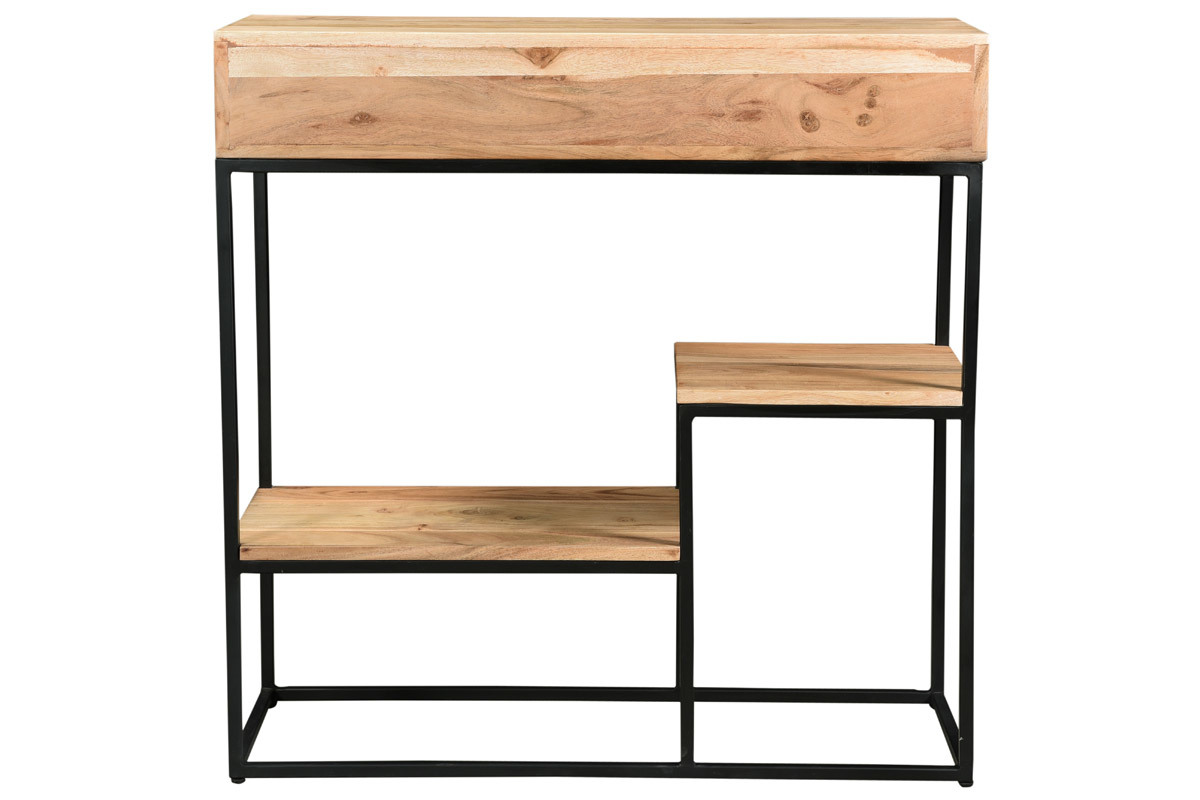 Console avec rangements 2 tiroirs en bois massif et mtal noir L80 cm GRENELLE