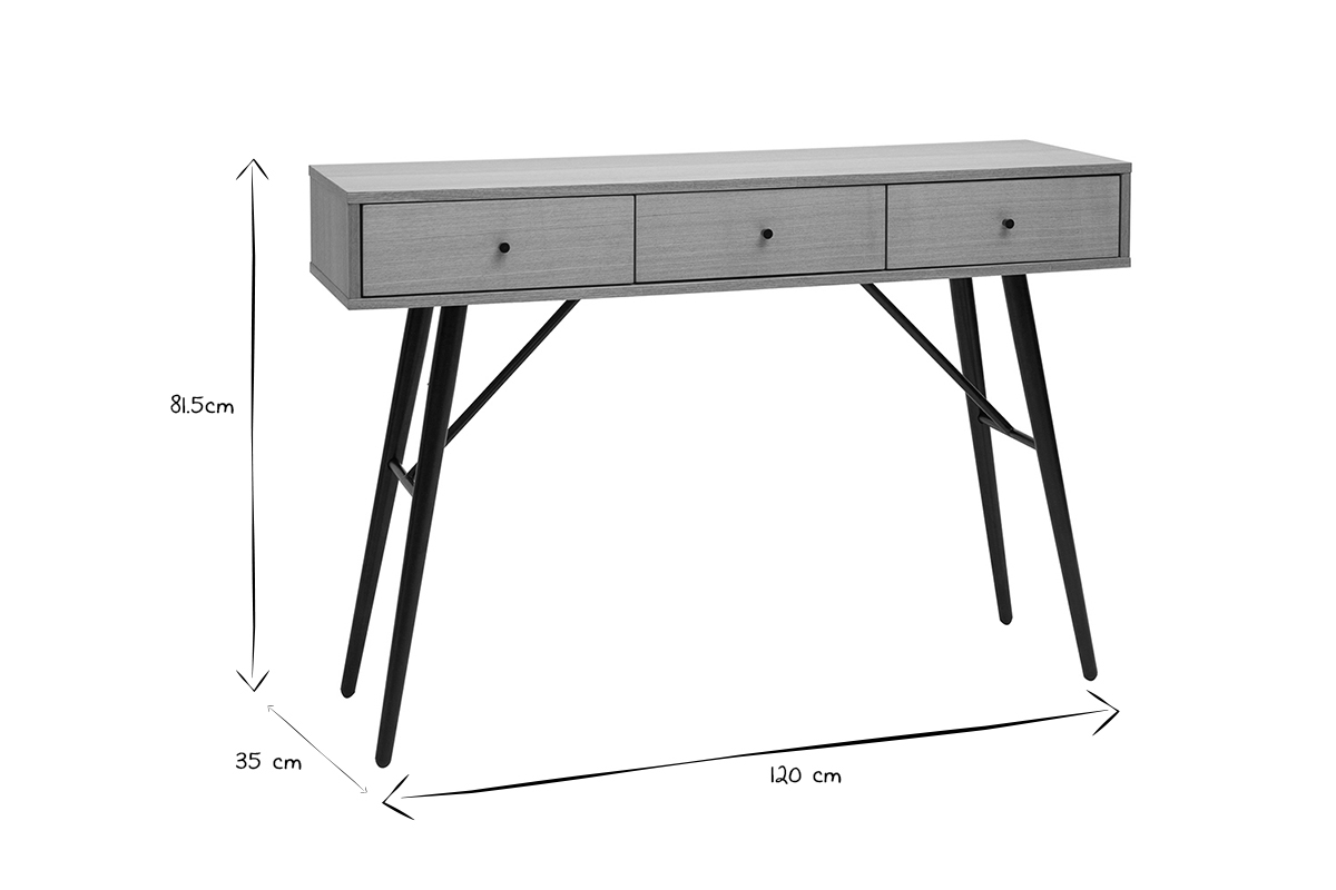 Console avec rangements 3 tiroirs en bois clair et mtal noir L120 cm ALSTORIA