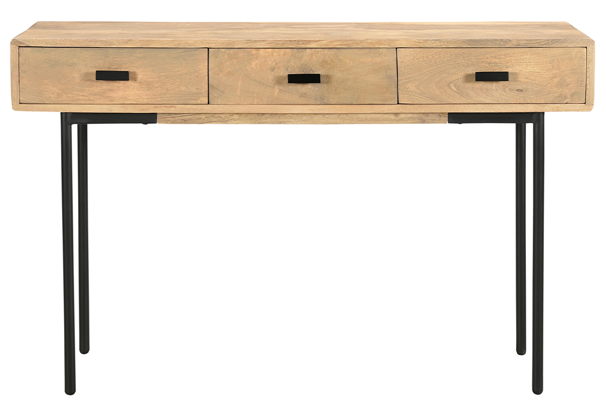 Console avec rangements 3 tiroirs en bois manguier massif et mtal noir L120 cm JUDE